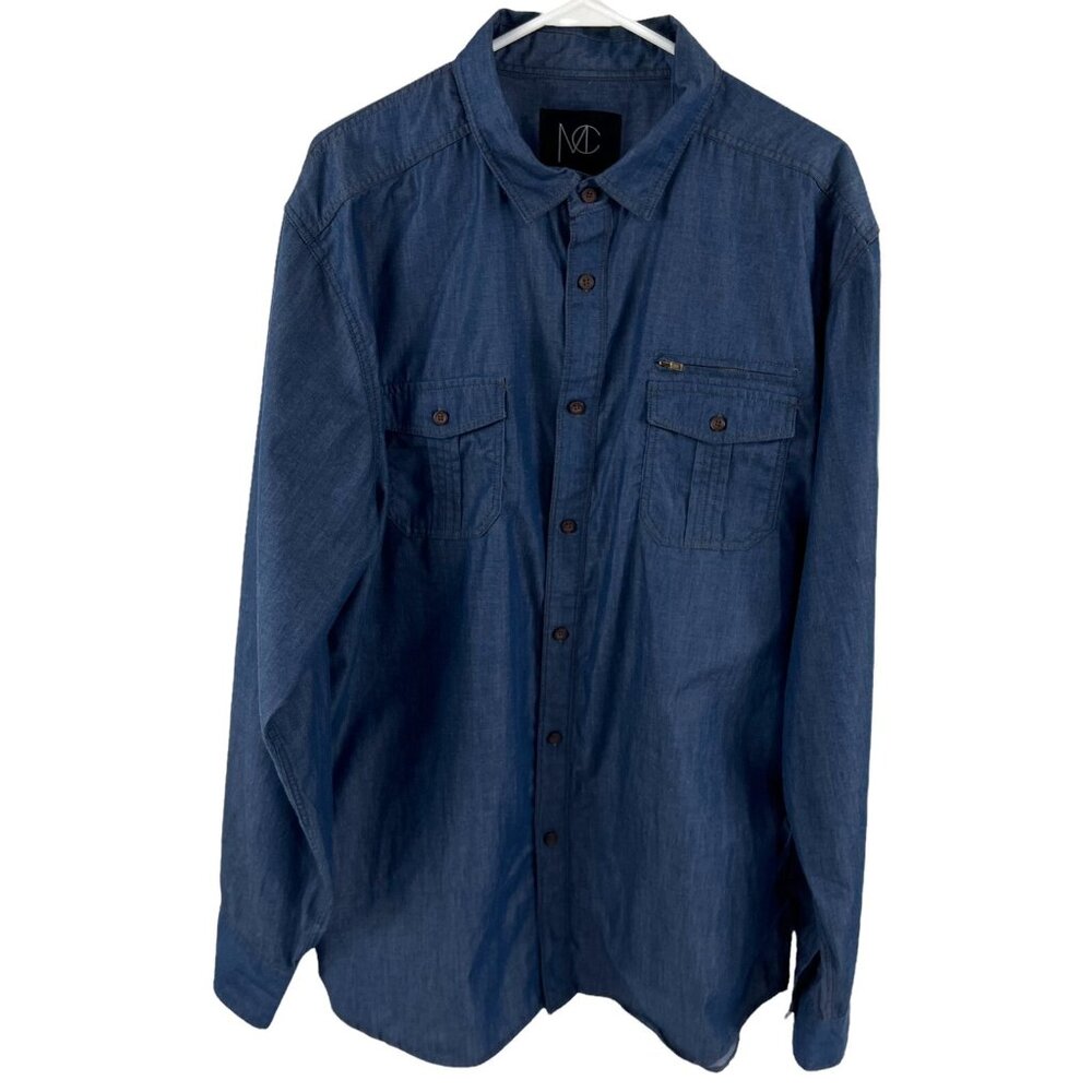 Modern Culture Button Up Men XXL 2XL Hipster Trendy Long Sleeve Navy Blue